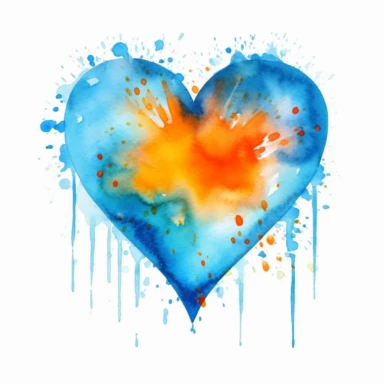 watercolor clipart, one individual cute blue and orange heart, vibrant colors, white background