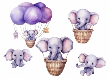 watercolor cute little baby elephant in a hot air balloon, in the style of light silver and light purple, victorian-inspired illustrations, nature-inspired pieces, 5 sets of clipart different playful compositions, plush doll art, high resolution, isolated on a white background