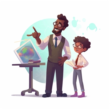 a white male science teacher helping a young black student with science, 4k, clip art style