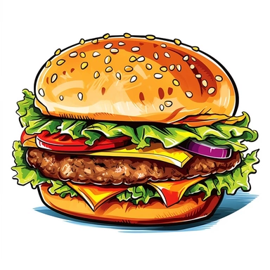 Imagine an appetizing hamburger clipart, meticulously detailed and drawn in a fun, appealing style. The clipart features a thick, juicy patty with a delightful char, resting in a soft bun. Additions of vibrant, crisp lettuce, a slice of ripe tomato, a melting piece of cheddar cheese, and a dash of secret sauce make this burger clipart look irresistibly delicious. Against a stark, white background, the colors pop, making it an enticing piece of art.