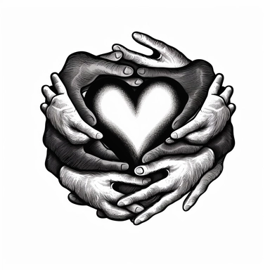 holding hand inside of a heart, multiple hands, black and white, clipart style