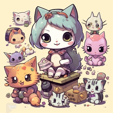 Endearing kitten clipart, displaying an array of adorable kittens in playful and curious poses, accompanied by various cat toys and accessories in the style of hikari shimoda