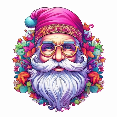 Santa Claus, style by Lisa Frank, watercolor, smooth gradients, black contour outline, ultra detailed, clipart elements, vibrant colors, solid white background, super clear, high quality