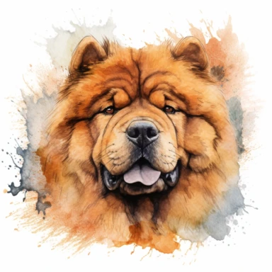 An expressive portrait of a Chow Chow dog, capturing its deep-set eyes and noble expression, with intricate patterns and textures in the background, with a white background and watercolor clipart.