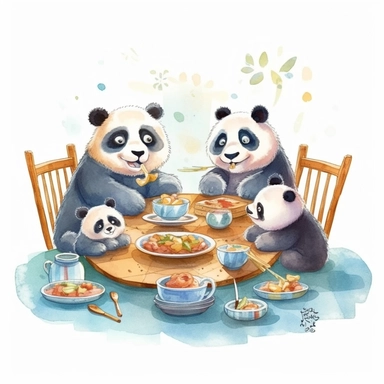 Create a watercolor illustration clipart of a playful cute Baby Panda Having a family meal, with its full body visible. Use soft, flowing brushstrokes and a warm, inviting color palette to create an image that is both charming and whimsical. Incorporate intricate details like the motion of Baby Panda Having a family meal to create a lifelike, realistic image. Can add other elements to the illustration like related item to play to create playful scene. Use white background to allow the watercolor