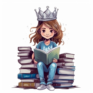 A happy young child (girl) wearing a crown and holding school books, looking cool and friendly, clothes as a queen, sitting on a throne of books, vector style graphic, positive vibe, clipart, single design, white background