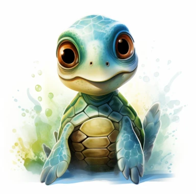 Design a caricature watercolor-style clipart of a delightful baby sea turtle, exaggerating its charming features with a palette of vibrant greens and light blues. Begin with the baby turtle, emphasizing its small yet sturdy shell using various tones of green. Use energetic, broad brushstrokes to illustrate the texture of the shell, allowing the colors to mingle freely to give a sense of depth and charm. Next, focus on the turtle's adorable head and flippers, using a brighter shade of blue to dis