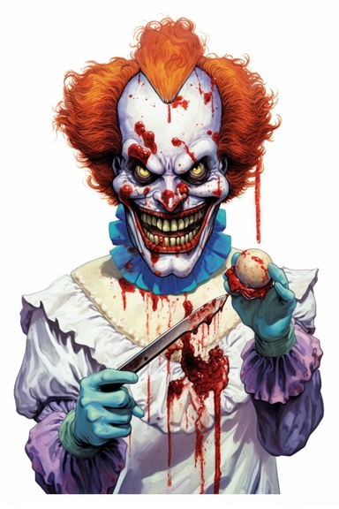 evil clown, white background, PNG, sharp white border, James C. Christensen, Butcher Billy, Jim Mahfood, clipart, clean border, white background