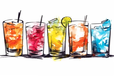 ink drawing six cocktails clipart, ink style, ink drawing, free-hand light color strokes under ink lines, vector style, prominent ink strokes, flat style, prominent line style, white background, spaced out, do not intersect images, spacing between elements, single thickness lines, no shadows, few details, only lines, only black lines, no volume, hand drawn ink drawing, elegant shapes