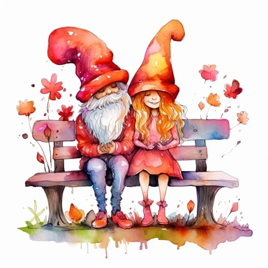 Watercolor magical gnome couple sitting on a bench, toadstool, watercolor clipart on white background, vivid colors, enchanting scene clipart on a white background in the style of feminine sticker art, Tanya Shatseva, storybook illustration, red, white and caramel tones, Georgia O'Keeffe, colored line art, colored outlines, cottagecore design, watercolor on white background, crisp tones, sticker outline, colored line art, colored outlines, iridescent ombre, gradient shading, pure tone, vibrant d