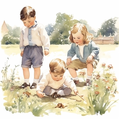 Prince George, Princess Charlotte, and Prince Louis playing in the gardens of Kensington Palace, Clipart, watercolor, white background, intricate detail