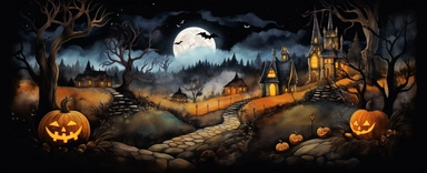 isolated illustration of a fantasy autumn halloween landscape scene, watercolor illustration, high resolution clipart, isolated on black background