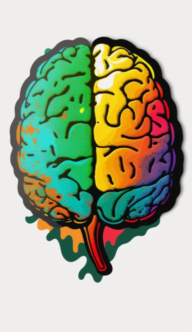 up view of a colorful half brain , mental health awareness design, design for tshirts + white background + flat colors ,clipart drawing,clipart image,high definition drawing,clean colors,balanced colors,detailed drawing, no shading , shadowless