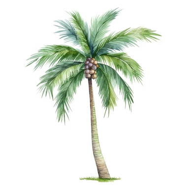 Watercolor A tall palm tree with coconuts and green fronds clipart, Minimalist, bright colors, isolated white background, 8k