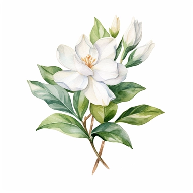 watercolor gardenia flowers clipart for wedding invitation card, hd, detailed, pastel color, clean line, on white background, spaced out