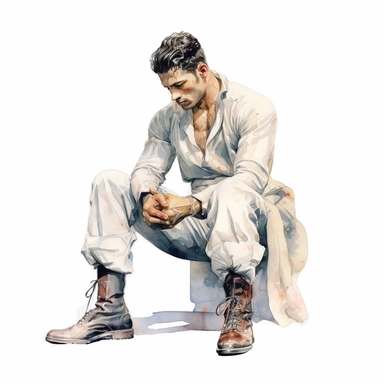 A beautifully illustrated victorian pulp fiction male fighter in varying hues sitting down and taking off his shoes ,wearing boxing gloves and muscular, muscles, octane render, hyperrealistic, stunningly handsome, refined and sophisticated, Hand drawn, roberto ferri ,realistic watercolor, Clipart, watercolor, white background, intricate detail