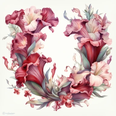 Illustrate a watercolor clipart composition of a gladiolus garland, showcasing the elegance and charm of these flowers in the Michelangelo-inspired Watercolor Haven style on a white background. The rich color palette, intricate details, and harmonious composition make this design suitable for various creative endeavors.