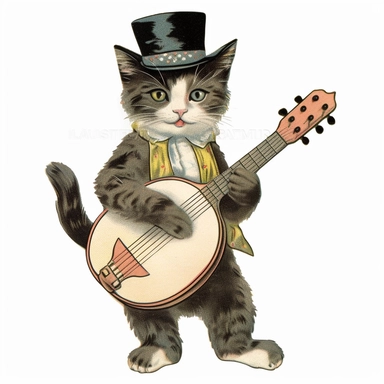 Vintage 1920 Kitten Looking Happy Wearing a Tophat and Playing a Banjo Illustration, Chromolithograph, 1920s Illustration, Vintage, Chromolithograph, Colorful, Antique, Ephemera, Clipart, 8k, Isolated on white