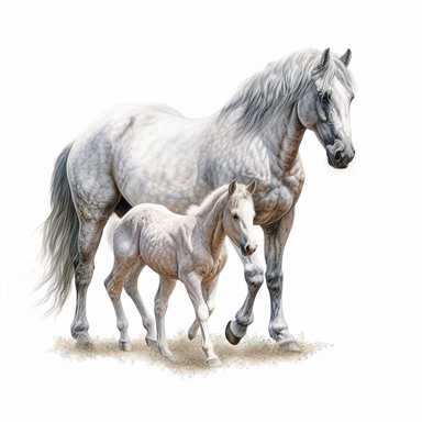 andalusian horse and foal in the style of digital airbrushing realistic yet stylized, digitally enhanced, clipart, 32k uhd, detailed crosshatching white background