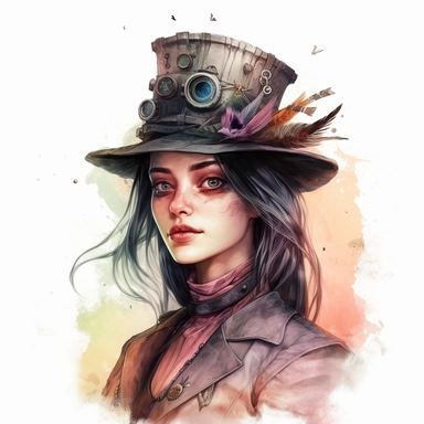 a woman in a hat with a hat and a hat with a hat on it, watercolor steampunk art, PNG steampunk fantasy artstyle, long black hair, unusually unique beauty, detailed unblurred face, magpie, female cleric with black hair, inspired by Greg Staples, alice's sister, young girl, tinkerer, [ mystic, napoleonic PNG steampunk fantasy watercolor style white background Clipart