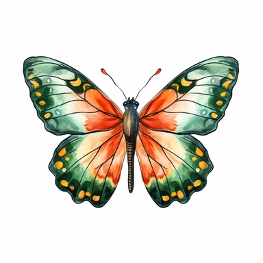 orange and green butterly clipart, watercolor style, white isolated background, 4k, hdr