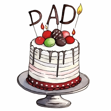 a clipart image of a birthday cake with the word dad written on, in the style of contemporary, black and white line work, light gray and maroon, watercolor clipart