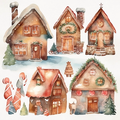 Generate a series of watercolor clipart images inspired by the magic of Christmas. Include elements such as gingerbread houses, reindeer, snowmen, and Christmas trees. The images should have a soft, dreamy quality with clear lines and delicate, watercolor hues. The clipart should be perfect for use in scrapbooking, card-making, and other festive projects.