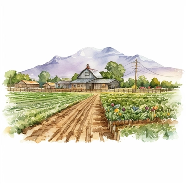 watercolor highly detailed and realistic rustic farm field, clipart, white background
