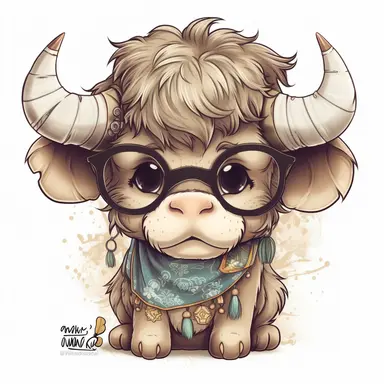 kawaii adorable cape buffalo wearing cute glasses, nursery art, clipart image, line art image, white background, inspired by yoshitaka amano art, very detailed, 8k