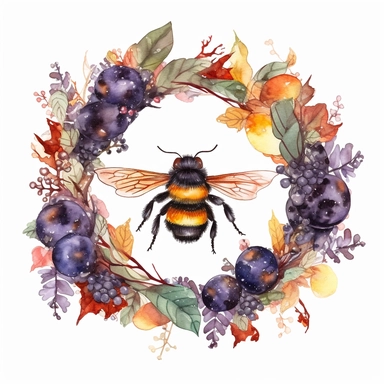 big fat bumble bee on a grapevine wreath, closeup, detailed, maximalist, free brushstrokes, magical, watercolour illustration. colourful, white background isolated. aquarellist, fantasy, cute, clipart, cottagecore,