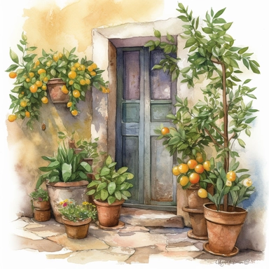Create a beautiful watercolor clipart vignette of a rustic Mediterannean cobblestone courtyard with a collection of potted plants and potted lemon tree against a painted white rustic cottage door. The composition should be set against an isolated white background, with a bright and airy feel. Focus on capturing intricate details such as the delicate petals of the roses. Use a loose and fluid watercolor technique to create a sense of movement and lightness. Experiment with the use of negative spa