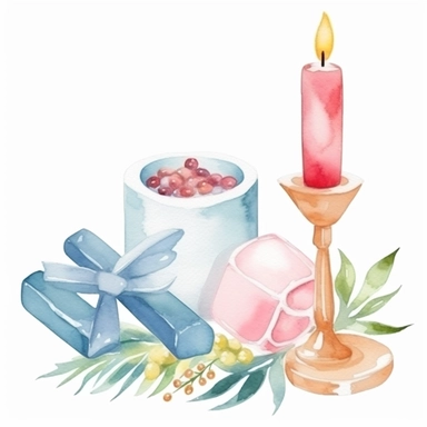watercolor First communion cute illustration, cross, candle, clip art on clean white background