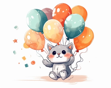 Birthday cat, carried by ballons, cute, party, clipart, kawaii, kitten, Japanese, exited, white background