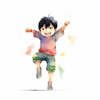 Asian pastel watercolor cartoon boy with black hair, cheerful dancing, sunny little boy, clipart, flat watercolor style, neat short-sleeved teleportation suit, watercolor illustration, watercolor illustration for children, white background, Hayao Miyazaki