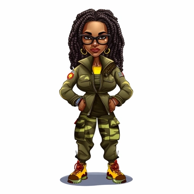 cartoon illustration of a cute black woman, with attitude, leaning with crossed arms, wearing camouflage pants and a yellowjacket with red sunglasses, dreadlocs, clipart, white background