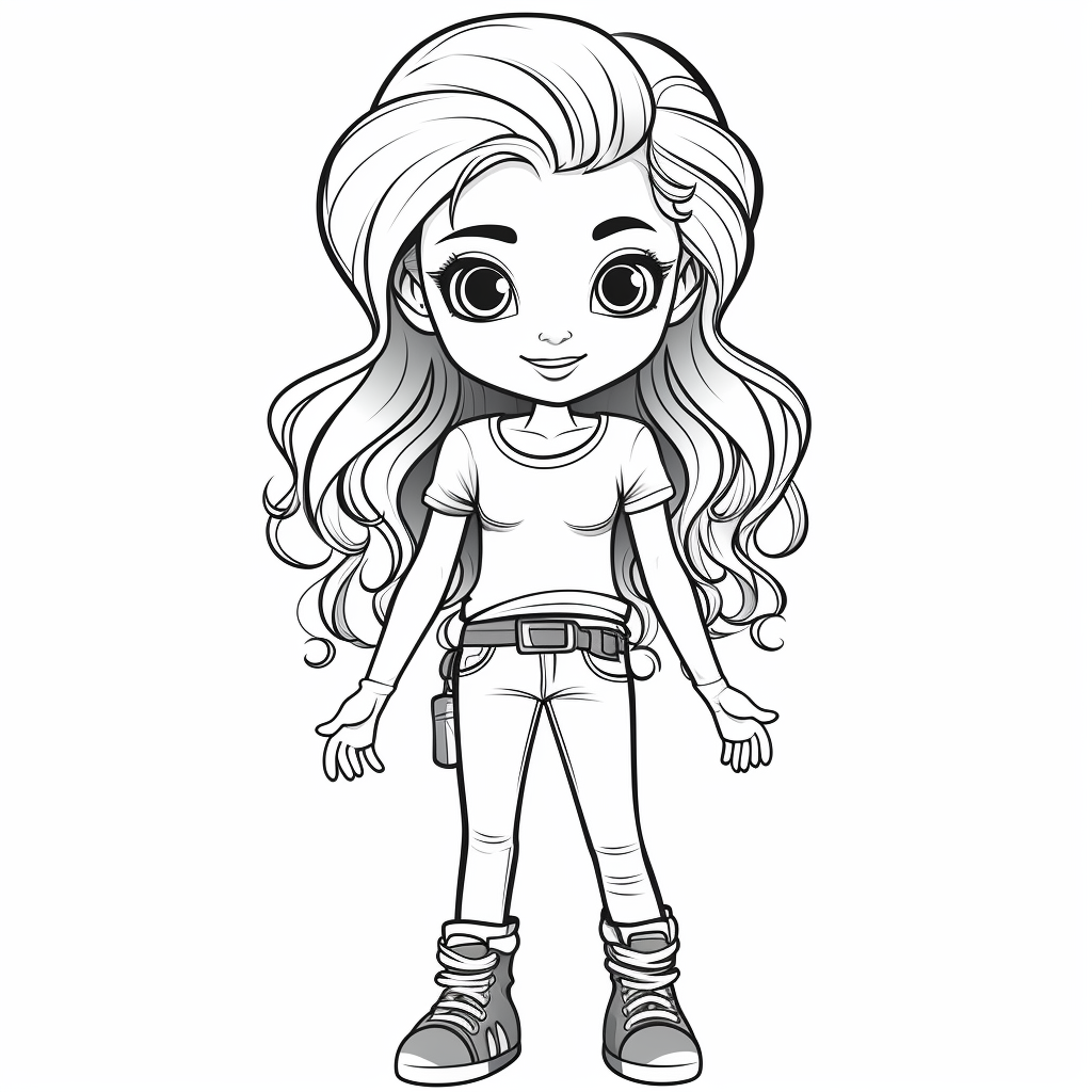 girl doll style smiling, black contour thin lines, arms crossed, jeans ...