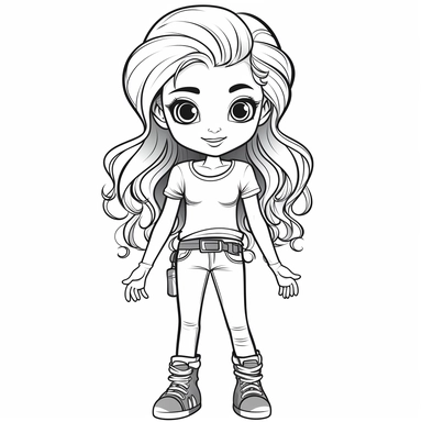 girl doll style smiling, black contour thin lines, arms crossed, jeans, sneakers, long disheveled hair, cartoon clip art, cute eyes, illustration for kids, disney