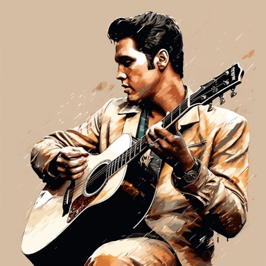 portrait view, full view, beautiful image of Elvis Presley with guitar and microphone, romantic, fantasy, sharp focus, high detail, 8k, illustration clipart style, transparent background, (--iw 10)