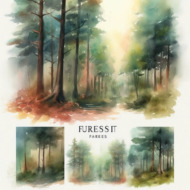 Create a captivating collection of ultra-detailed watercolor forest landscapes, perfect for adding a touch of natural beauty to your projects. Each landscape should depict the serene and enchanting atmosphere of a forest, with towering trees, lush foliage, and meandering paths. Utilize the watercolor technique to infuse the illustrations with soft and organic textures, capturing the vibrant colors and delicate nuances of the forest. These landscapes can be used as backgrounds or digital papers f