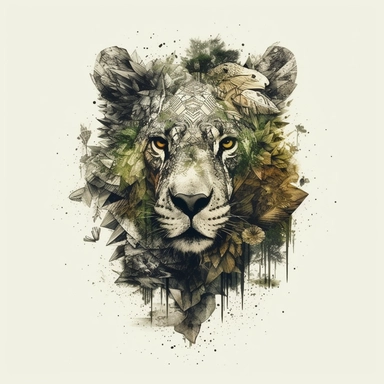oncrete illustration of a double exposure jungle animal head with torso & jungle drawn with stones, clipart