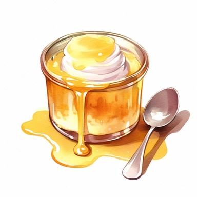 Watercolor japanese egg custard purin with whipped cream clipart, hd, on white background, spaced out