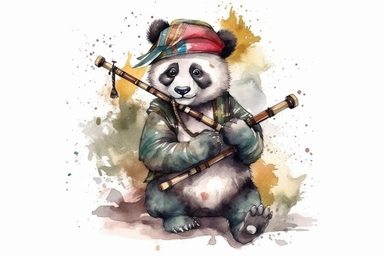 Panda playing bagpipes Clipart, On White Background, Watercolor, Vector Graphic, 4K, Ultra HD,