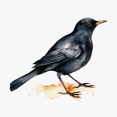 Watercolor blackbird clipart, white isolated background, space out, hd