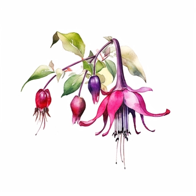 a watercolour painting of a fuchsia flower, in the style of uhd image, dansaekhwa, traditional, flourishing botanicals, exotic, white background, colorful, antique clipart, vibrant intense colors