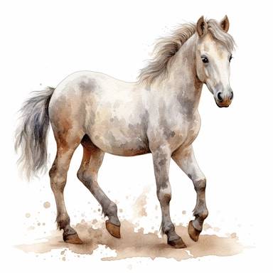 andalusian horse. foal watercolour painting realistic yet stylized, digitally enhanced, clipart, 32k uhd, detailed crosshatching white background