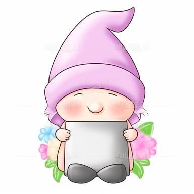 an adorable, cute clipart-style Gonk gnome illustration, perfect for Mother's Day product designs. The gnome should have a sweet, cheerful expression and wear a soft pastel-colored outfit, incorporating gentle shades of pink, lavender, and mint green to convey a warm, motherly vibe. The Gonk gnome should be holding a blank whiteboard in front of him, providing a customizable space for personalized messages or designs. Add charming details such as a floral-patterned hat and a heart-shaped pendant