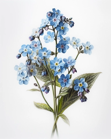 Watercolor Painting of Forget-Me-Not FLOWERS on white background beautiful multi - headed pale, Flora Design Patterns, Flemish Baroque by Rachel Ruysch, Behance, Rococo, Intricate Detailed, Soft Light Effect, Oil Paint Strokes, Light Academia Aesthetic Flowers, Lighting cinematic, all shown shimmering stamens, tyndall light, light effect, texture, colorful, 8k, fantasy, ray tracing, depth of field, vivid, spectacular lighting, octane rendering, highly detailed, ultra - realistic, white backgroun