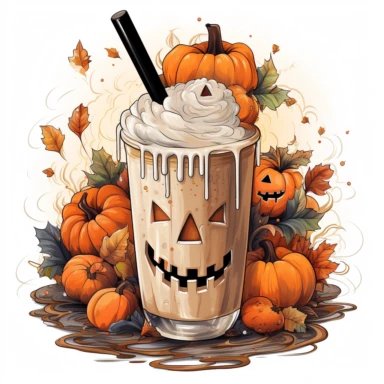 latte macchiato halloween themed, highly detailed color ink illustration, autumn season details, white background clipart 8k