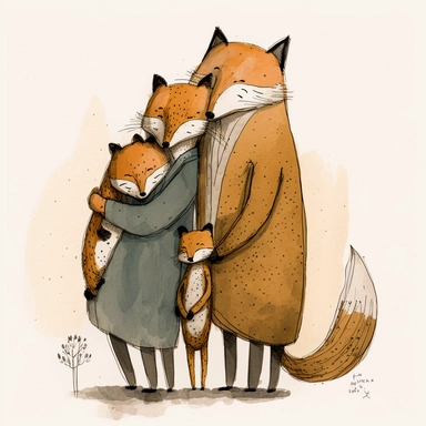 watercolor and ink drawing of a portrait of a family of three happy foxes, one mom fox, one dad fox, one baby fox, clipart, embracing each other, cute pose, cartoon, doodle, happy, smiling, beautiful watercolor ink wash coloring, thick pencil lines, Jon klassen, Adrian tomine, popular on etsy, watercolor illustrations clipart, watercolor illlustrations for kids and children, book illustrations, plain white background