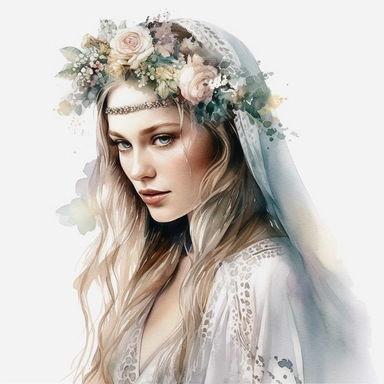 Glamorous and romantic realistic watercolor, the beautiful bride with long braided hair wearing intricate jewelry and, Juliet cap veil, on clean white background, translucent, delicate, with flowers, very delicate colors, fashion photography, watercolor clipart - - no watermarks, no text